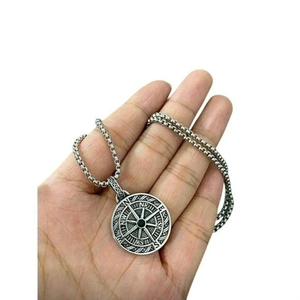 Mens Stainless Steel Compass Pendant Necklace 24 Inch Chain